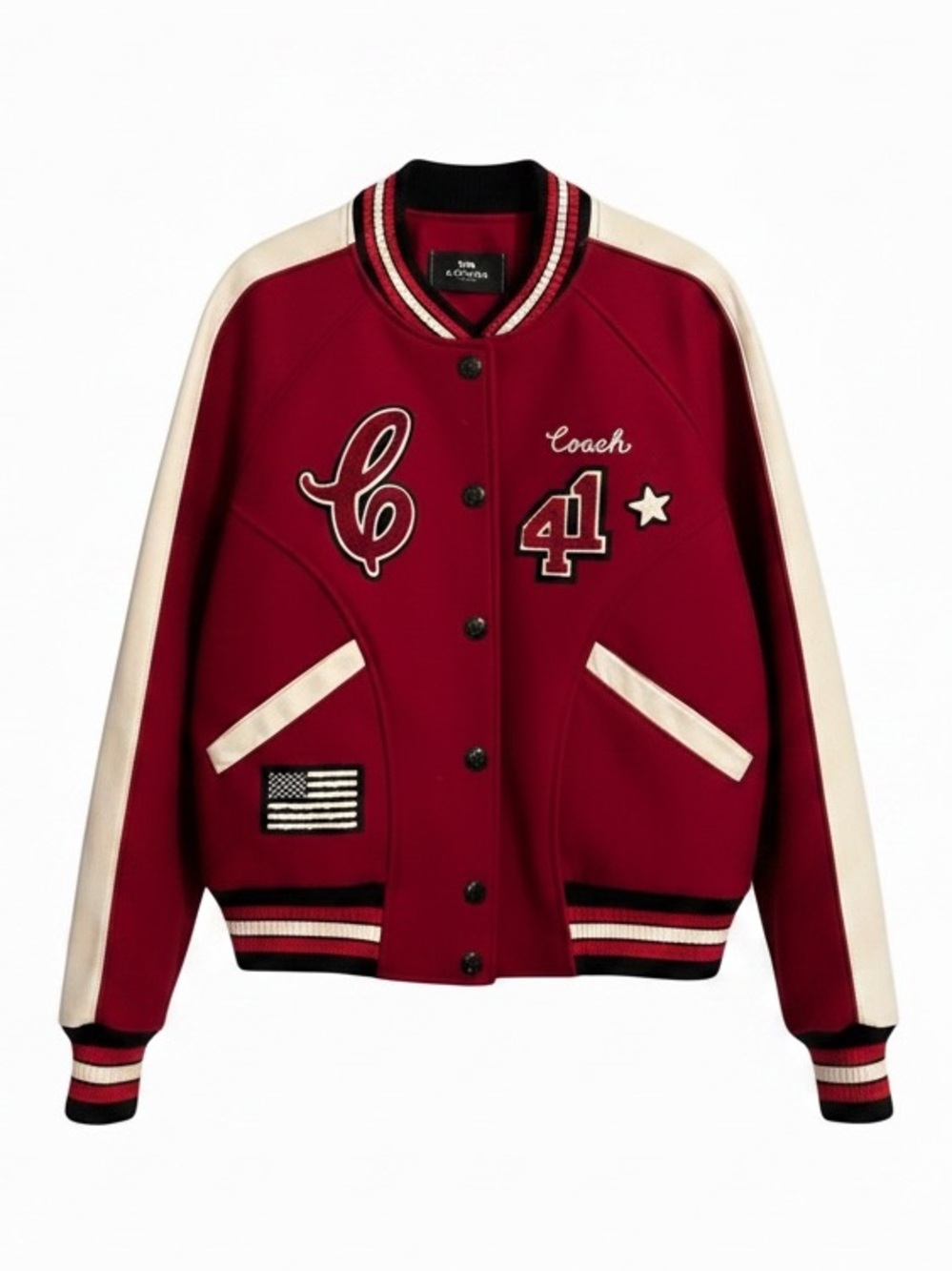 Coach Burgundy and Cream Varsity Jacket with Athletic Patches